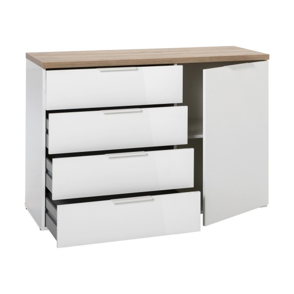 Vista diagonale Scaffale contenitore in legno colore "Bianco Laccato/Rovere Riviera" con 4 cassetti e 1 anta modello Orbis Totò Piccinni