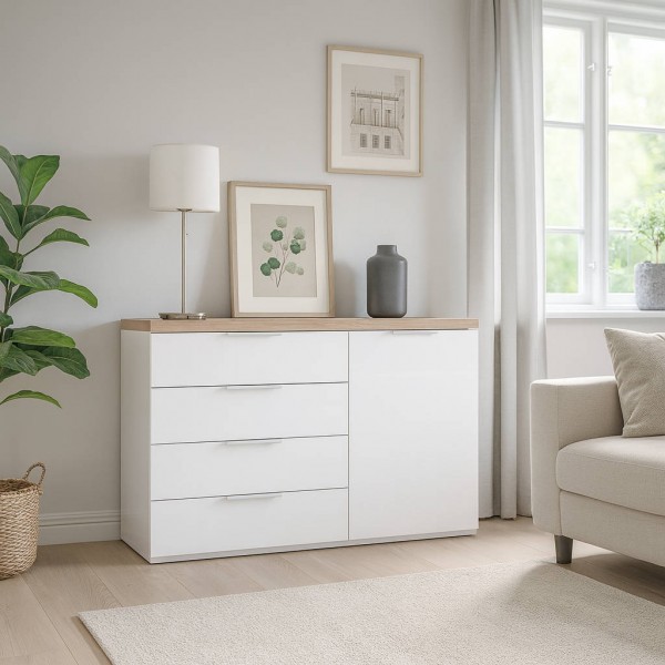 Vista ambientata Mobile contenitore in legno colore "Bianco Laccato/Rovere Riviera" con 4 cassetti e 1 anta modello Orbis Totò Piccinni