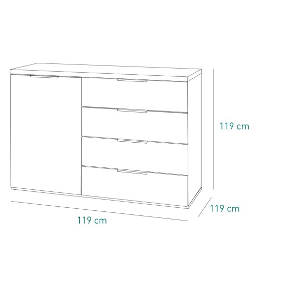 Specifica dimensioni Mobile contenitore in legno colore "Bianco Laccato/Rovere Riviera" con 4 cassetti e 1 anta modello Orbis Totò Piccinni