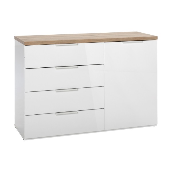 Vista diagonale Mobile contenitore in legno colore "Bianco Laccato/Rovere Riviera" con 4 cassetti e 1 anta modello Orbis Totò Piccinni