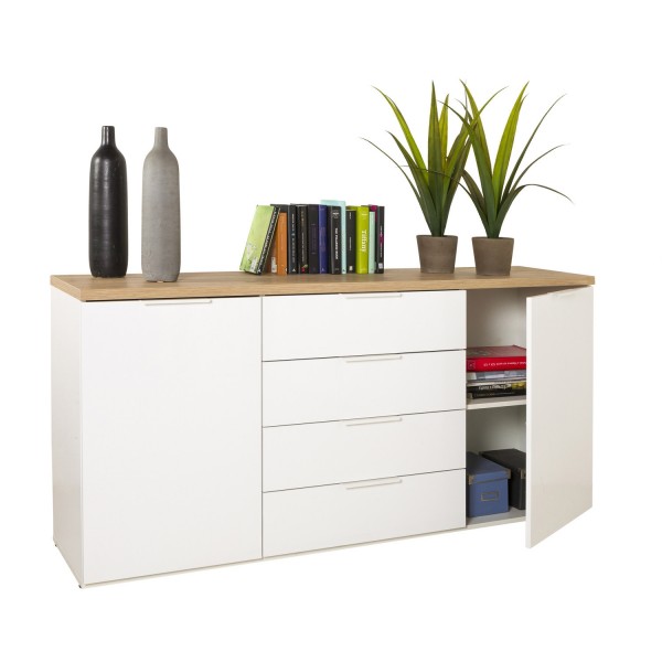 Vista diagonale Mobile contenitore in legno colore "Bianco Laccato/Rovere Miele" con 4 cassetti e 2 ante modello Orbis Totò Piccinni