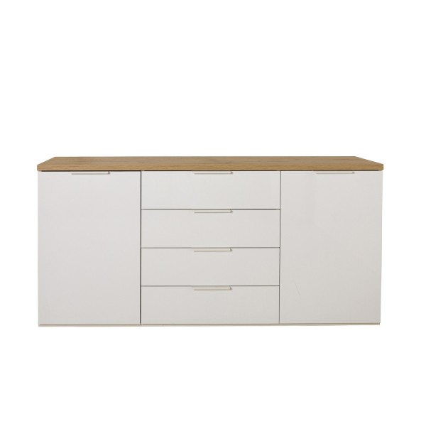 Vista frontale Mobile contenitore ingresso  in legno colore "Bianco Laccato/Rovere Miele" con 4 cassetti e 2 ante modello Orbis Totò Piccinni