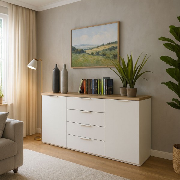 Vista ambientata Mobile contenitore con ante in legno colore "Bianco Laccato/Rovere Miele" con 4 cassetti e 2 ante modello Orbis Totò Piccinni