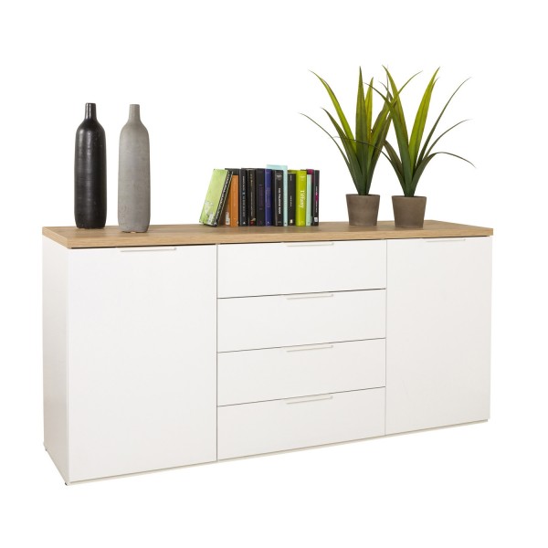 Vista diagonale Mobile contenitore con ante in legno colore "Bianco Laccato/Rovere Miele" con 4 cassetti e 2 ante modello Orbis Totò Piccinni