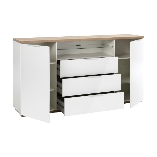 Vista diagonale Mobile contenitore con cassetti  in legno colore "Bianco Laccato/Rovere Riviera" 3 cassetti 2 ante e 1 vano modello Orbis Totò Piccinni