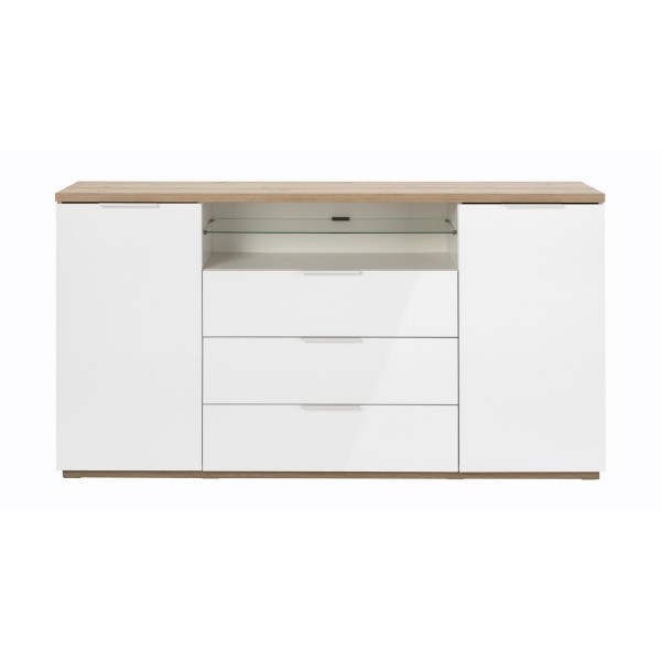 Vista frontale Mobile contenitore moderno  in legno colore "Bianco Laccato/Rovere Riviera" 3 cassetti 2 ante e 1 vano modello Orbis Totò Piccinni