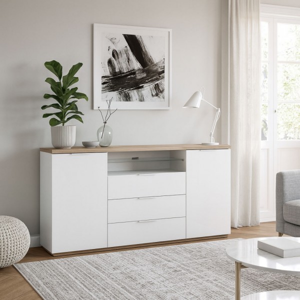 Vista ambientata Mobile contenitore in legno colore "Bianco Laccato/Rovere Riviera" 3 cassetti 2 ante e 1 vano modello Orbis Totò Piccinni