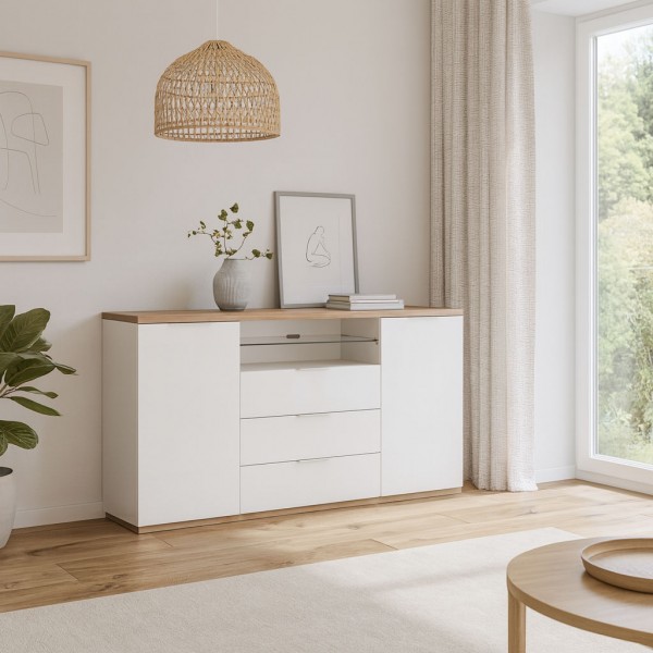 Vista ambientata Mobile contenitore in legno colore "Bianco Laccato/Rovere Riviera" 3 cassetti 2 ante e 1 vano modello Orbis Totò Piccinni