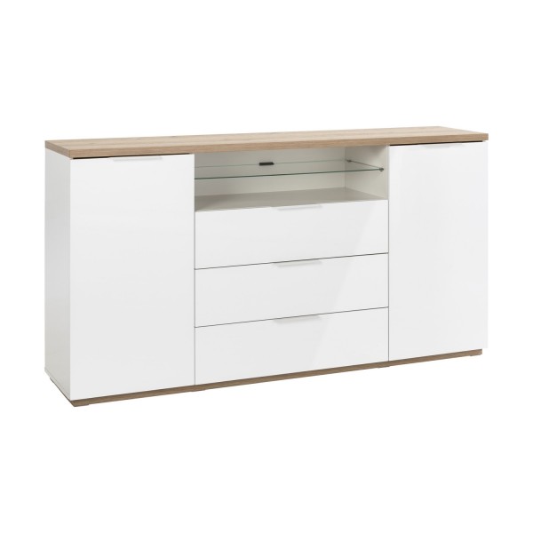 Vista diagonale Mobile contenitore in legno colore "Bianco Laccato/Rovere Riviera" 3 cassetti 2 ante e 1 vano modello Orbis Totò Piccinni