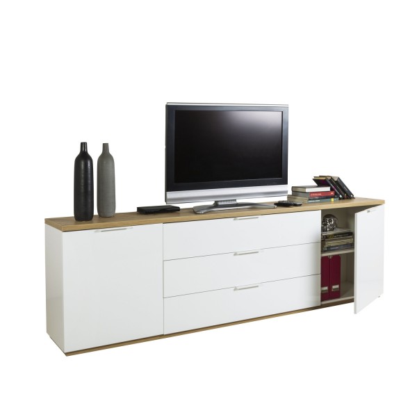 Vista diagonale Mobile porta tv  in legno colore "Bianco Laccato/Rovere Miele" con 2 ante e 3 cassetti modello Orbis Totò Piccinni
