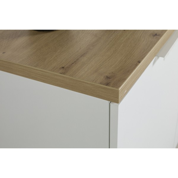 Dettaglio angolo alto mobile tv in legno colore "Bianco Laccato/Rovere Miele" con 2 ante e 3 cassetti modello Orbis Totò Piccinni