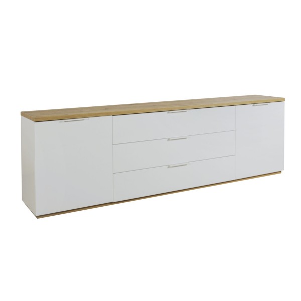 Vista diagonale Mobile porta tv in legno colore "Bianco Laccato/Rovere Miele" con 2 ante e 3 cassetti modello Orbis Totò Piccinni