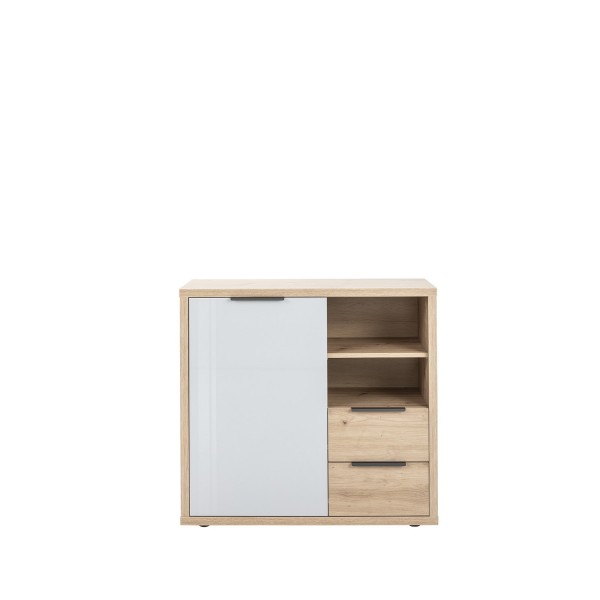 Vista frontale Mobile multiuso salvaspazio in legno colore "Rovere Artisan/Grigio Laccato" con 1 anta, 2 cassetti e 2 vani modello Aura Totò Piccinni