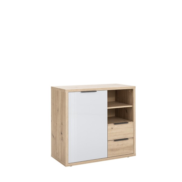 Vista diagonale Mobile multiuso in legno colore "Rovere Artisan/Grigio Laccato" con 1 anta, 2 cassetti e 2 vani modello Aura Totò Piccinni