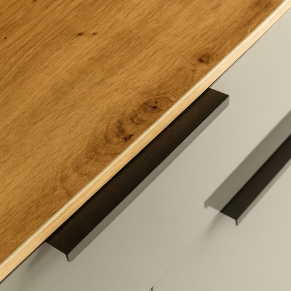 Dettaglio Mobile contenitore moderno in legno colore "Grigio Laccato/Rovere Miele" 1 cassetto e 2 ante modello Zenit Totò Piccinni