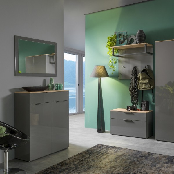 Vista ambientata Mobile contenitore moderno in legno colore "Grigio Laccato/Rovere Miele" 1 cassetto e 2 ante modello Zenit Totò Piccinni