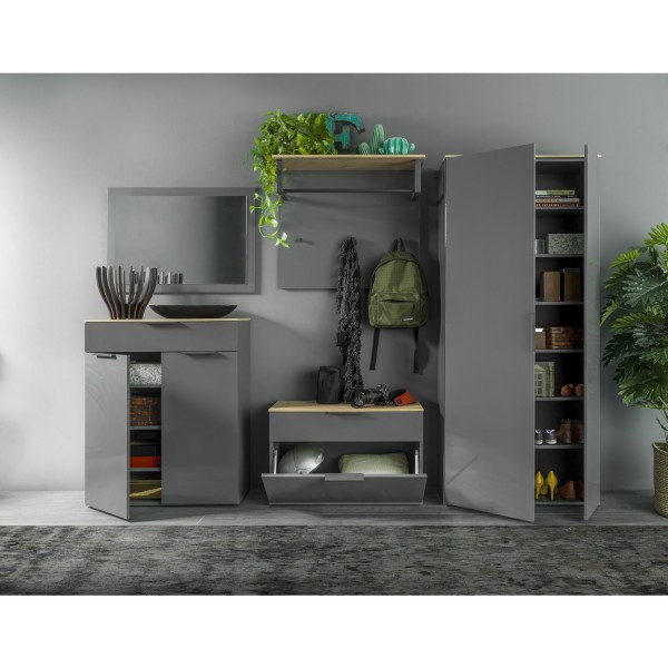 Vista ambientata Mobile contenitore in legno colore "Grigio Laccato/Rovere Miele" 1 cassetto e 2 ante modello Zenit Totò Piccinni