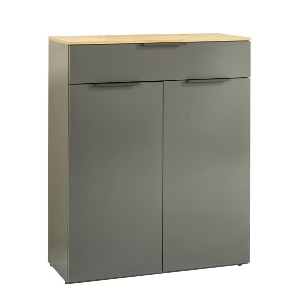 Vista diagonale Mobile contenitore moderno in legno colore "Grigio Laccato/Rovere Miele" 1 cassetto e 2 ante modello Zenit Totò Piccinni
