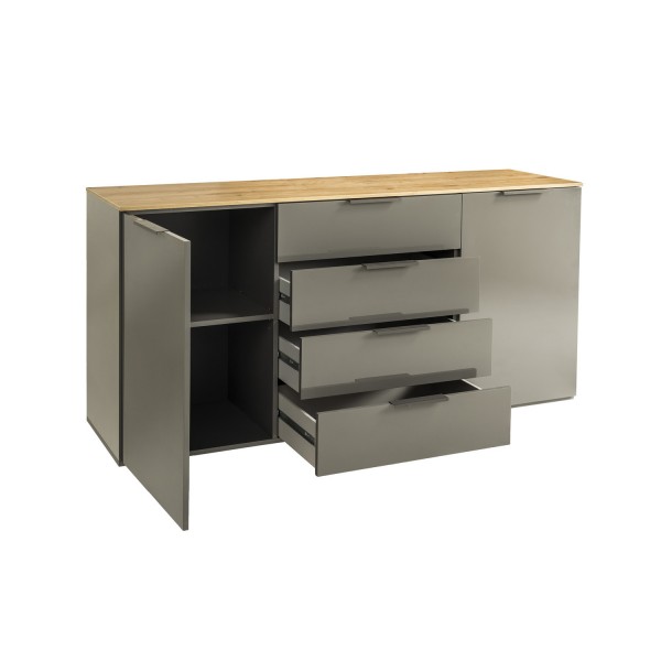 Vista diagonale Madia in legno colore "Grigio Laccato/Rovere Miele" con 2 ante e 4 cassetti modello Zenit Totò Piccinni