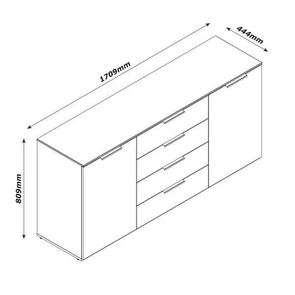 Specifica dimensioni Madia in legno colore "Grigio Laccato/Rovere Miele" con 2 ante e 4 cassetti modello Zenit Totò Piccinni