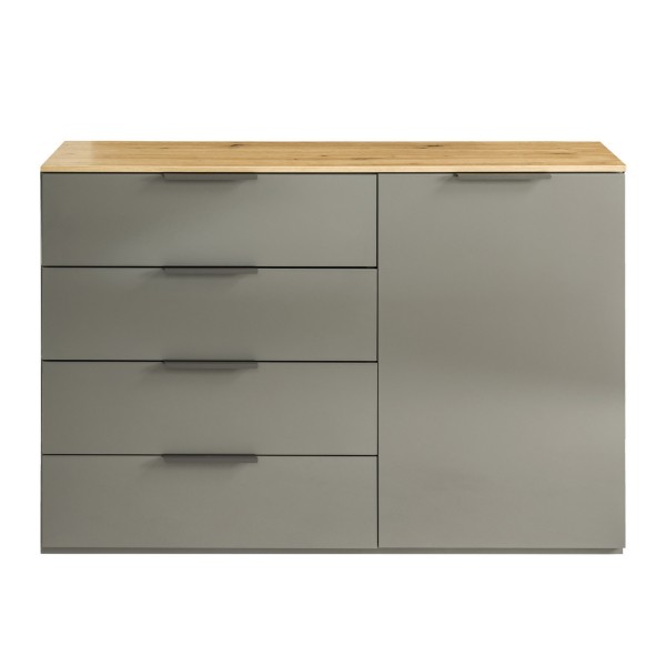 Vista frontale Madia in legno colore "Grigio Laccato/Rovere Miele" con 1 anta e 4 cassetti modello Zenit Totò Piccinni