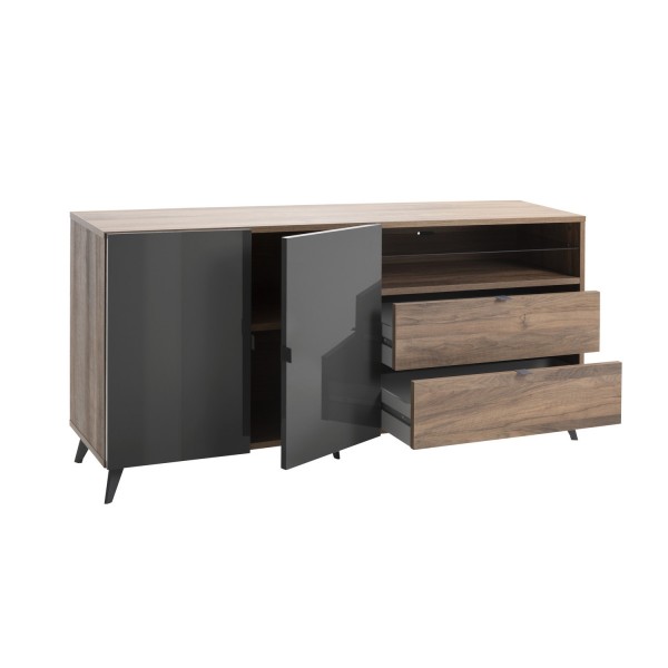 madia in legno grigio scuro laccato/noce brera vista diagonale con ante aperte