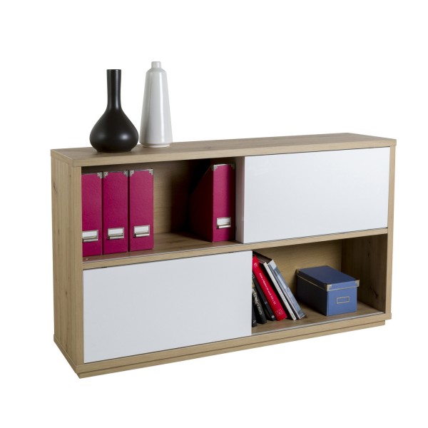 Vista diagonale Libreria moderna bassa colore "Bianco Laccato/Rovere Miele" con 2 ante e 6 vani modello Verona Totò Piccinni