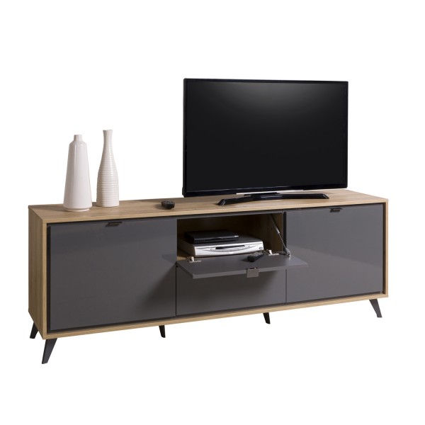 supporto tv rovere miele/grigio laccato vista diagonale con anta aperta