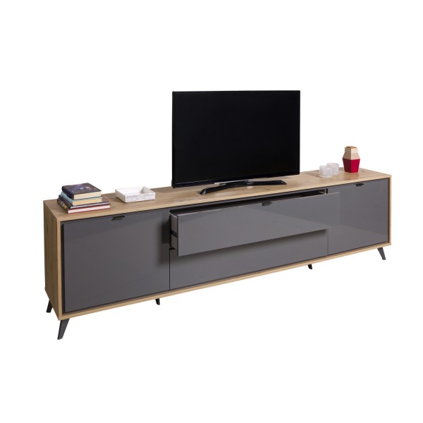 Vista diagonale Porta tv con cassetti in legno colore "Rovere Miele/Grigio Laccato" modello Lumen Totò Piccinni