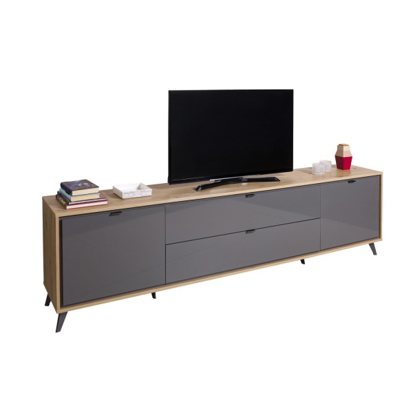 Vista diagonale Mobile porta tv soggiorno in legno colore "Rovere Miele/Grigio Laccato" modello Lumen Totò Piccinni