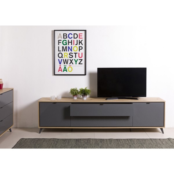 Vista ambientata Porta tv in legno colore "Rovere Miele/Grigio Laccato" modello Lumen Totò Piccinni