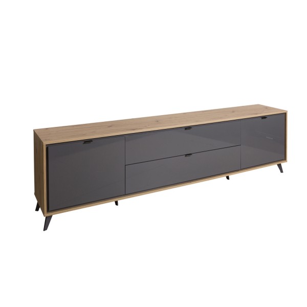 Vista diagonale Mobile porta tv in legno colore "Rovere Miele/Grigio Laccato" modello Lumen Totò Piccinni