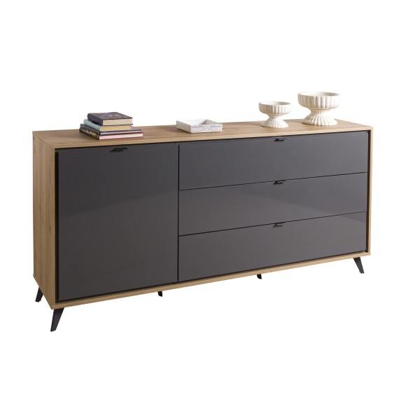 Madia con cassetti in legno colore "Rovere Miele/Grigio Laccato" 1 anta e 3 cassetti modello Lumen Totò Piccinni
