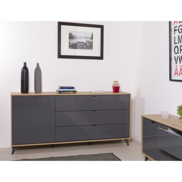 Madia in legno colore "Rovere Miele/Grigio Laccato" 1 anta e 3 cassetti modello Lumen Totò Piccinni