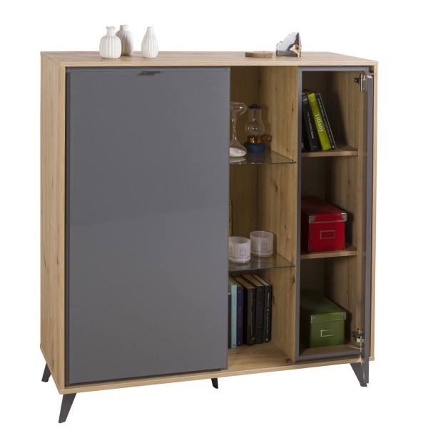 Vista diagonale anta aperta Madia soggiorno in legno colore "Grigio Titanio/Rovere Miele" 2 ante, 3 vani 2 ripiani modello Lumen Totò Piccinni