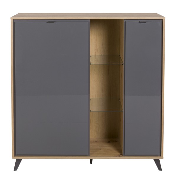 Vista frontale Madia in legno colore "Grigio Titanio/Rovere Miele" 2 ante, 3 vani 2 ripiani modello Lumen Totò Piccinni