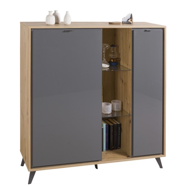 Vista diagonale Madia in legno colore "Grigio Titanio/Rovere Miele" 2 ante, 3 vani 2 ripiani modello Lumen Totò Piccinni