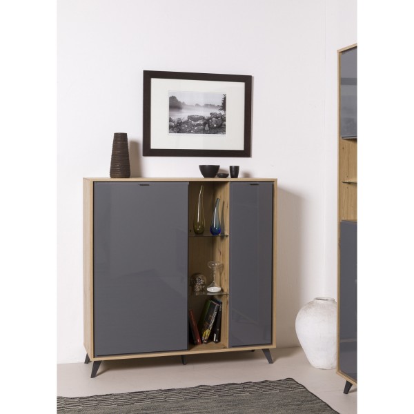 Vista ambientata Madia in legno colore "Grigio Titanio/Rovere Miele" 2 ante, 3 vani 2 ripiani modello Lumen Totò Piccinni