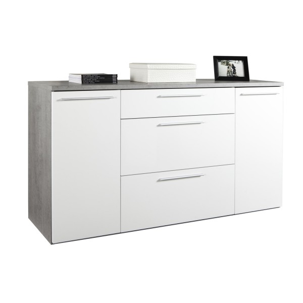 Mobile contenitore moderno in legno colore "Cemento/Bianco Laccato" con 3 cassetti e 2 ante modello Juno Totò Piccinni