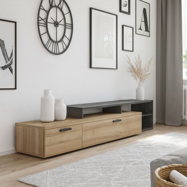 Vista ambientata Mobile porta tv moderno in legno colore "Rovere/Grigio Antracite" 1 cassetto, 3 vani e 1 ribalta modello Nove Totò Piccinni