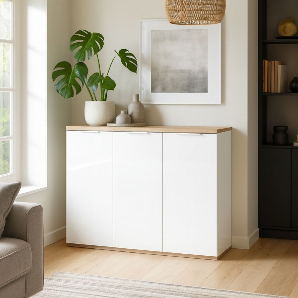 Vista ambientata Mobile contenitore moderno in legno colore "Bianco Laccato/Rovere Riviera" con 3 ante modello Orbis Totò Piccinni