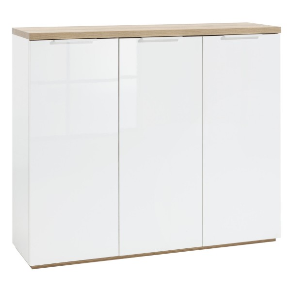 Vista diagonale Mobile contenitore moderno in legno colore "Bianco Laccato/Rovere Riviera" con 3 ante modello Orbis Totò Piccinni