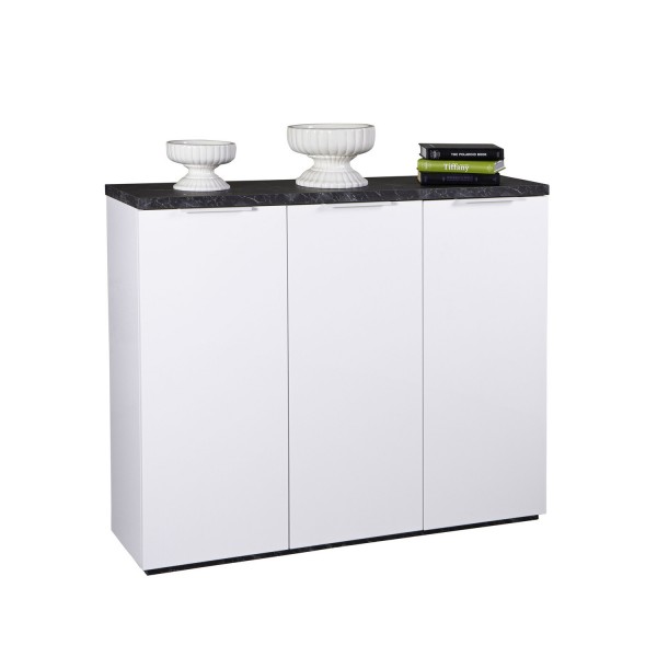 Vista diagonale Mobile contenitore moderno in legno colore "Effetto Marmo/Bianco Laccato" con 3 ante modello Orbis Totò Piccinni
