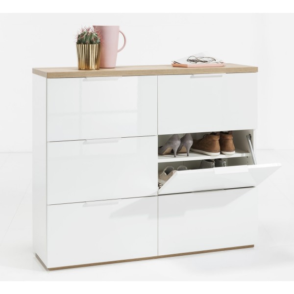 Vista diagonale Mobile contenitore doppio cassetto in legno colore "Bianco Laccato/Rovere Riviera" con 6 cassetti modello Orbis Totò Piccinni