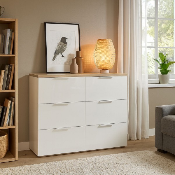 Vista ambientata Mobile contenitore doppio cassetto in legno colore "Bianco Laccato/Rovere Riviera" con 6 cassetti modello Orbis Totò Piccinni