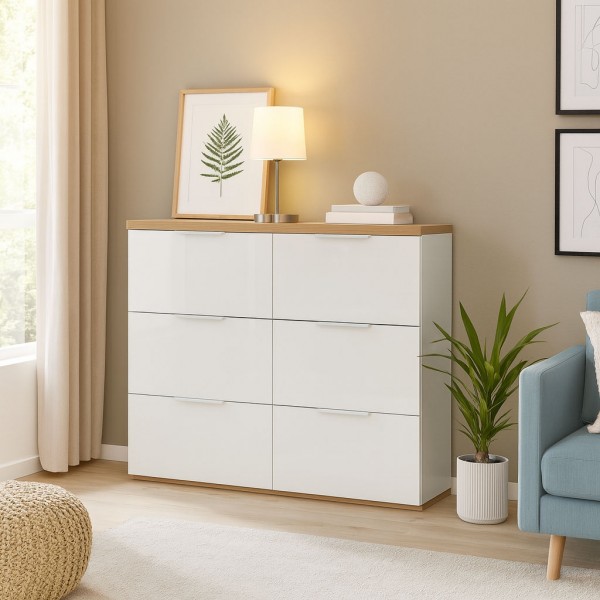 Vista ambientata Mobile contenitore doppio cassetto in legno colore "Bianco Laccato/Rovere Riviera" con 6 cassetti modello Orbis Totò Piccinni