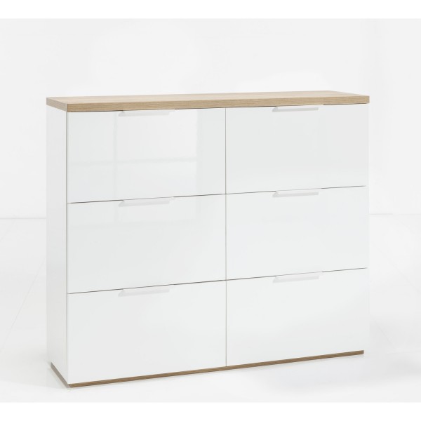 Vista diagonale Cassettiera a due cassetti in legno colore "Bianco Laccato/Rovere Riviera" con 6 cassetti modello Orbis Totò Piccinni