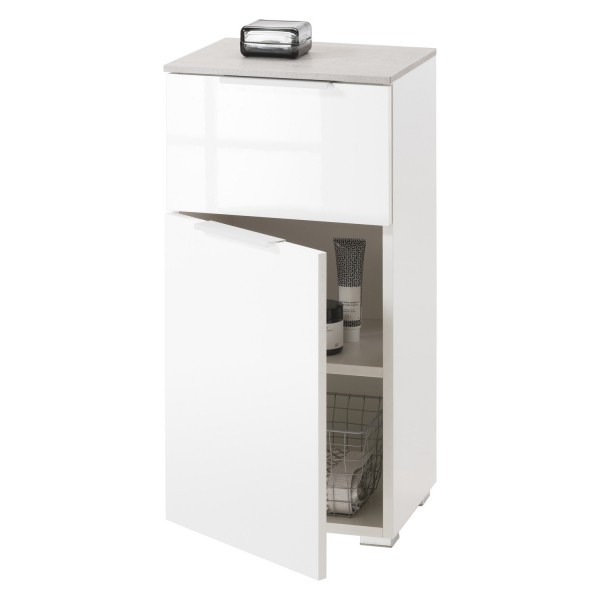 vista diagonale con anta apertamobile colonna bagno 1 anta e 1 cassetto cemento/bianco laccato  modello Orbis Totò Piccinni