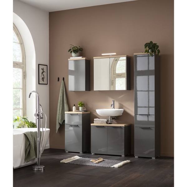 Arredo bagno colonna colore "Grigio Laccato/Rovere Miele" 1 ante e 1 cassetto modello Orbis Totò Piccinni