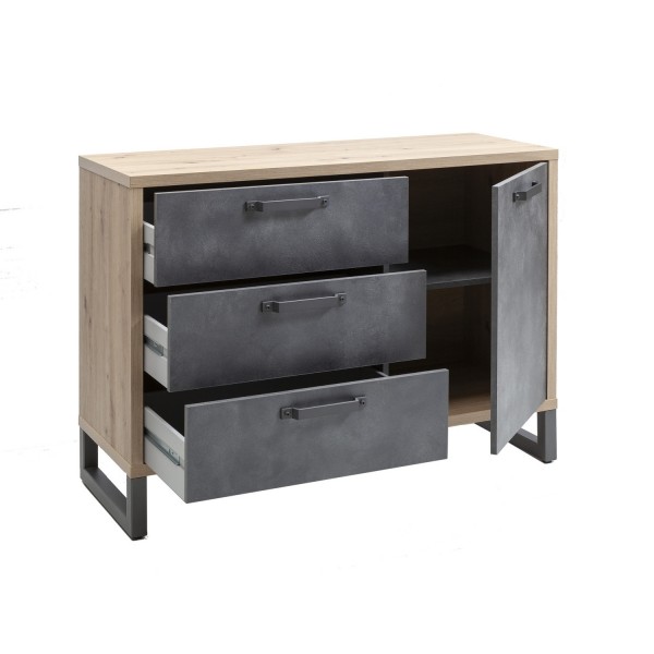 Vista diagonale Mobile contenitore soggiorno in legno colore "Cemento/Rovere Invecchiato" con 3 cassetti e 1 anta modello Sylva Totò Piccinni